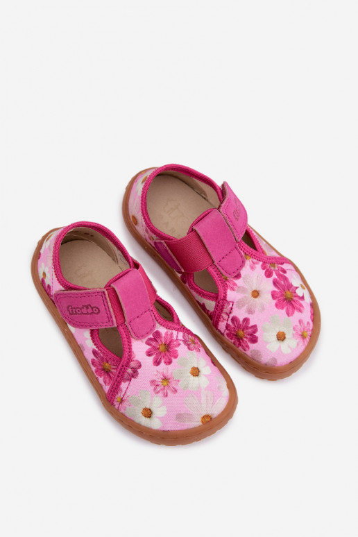 Pantofole Infantile con chiusure adesive con fiori Barefoot Froddo Cannvas G1700439-4 colore rosa