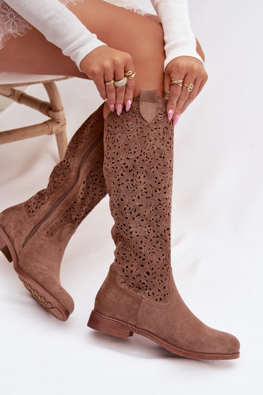 con elementi traforati stivali da donna con tacchi larghi S.Barski HY61-8023 colore marrone