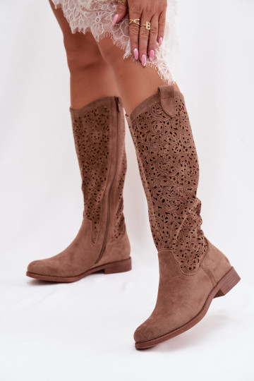 Stivali alti da donna con elementi traforati e tacchi larghi S.Barski HY61-8023, colore marrone 2