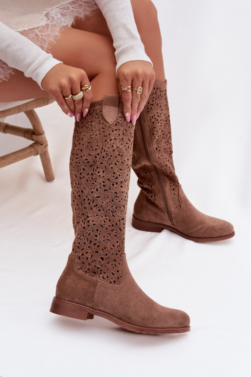 con elementi traforati stivali da donna con tacchi larghi S.Barski HY61-8023 colore marrone