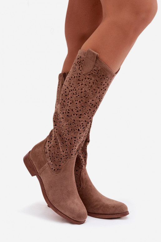 con elementi traforati stivali da donna con tacchi larghi S.Barski HY61-8023 colore marrone