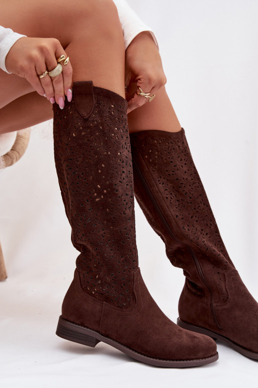 con elementi traforati stivali da donna con tacchi larghi S.Barski HY61-8023 CzekoladoAe