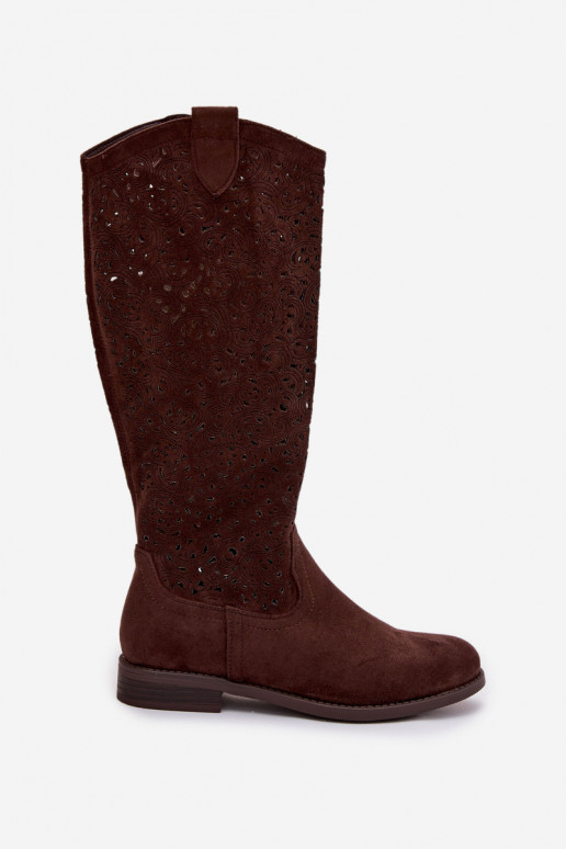 con elementi traforati stivali da donna con tacchi larghi S.Barski HY61-8023 CzekoladoAe