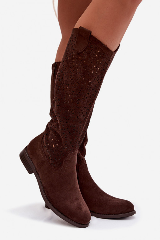 con elementi traforati stivali da donna con tacchi larghi S.Barski HY61-8023 CzekoladoAe