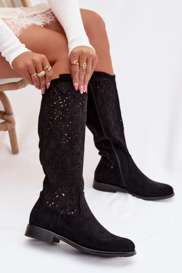 Stivali alti da donna con elementi traforati e tacchi larghi S.Barski HY61-8023, colore nero