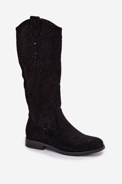 con elementi traforati stivali da donna con tacchi larghi S.Barski HY61-8023 colore nero