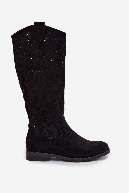 con elementi traforati stivali da donna con tacchi larghi S.Barski HY61-8023 colore nero