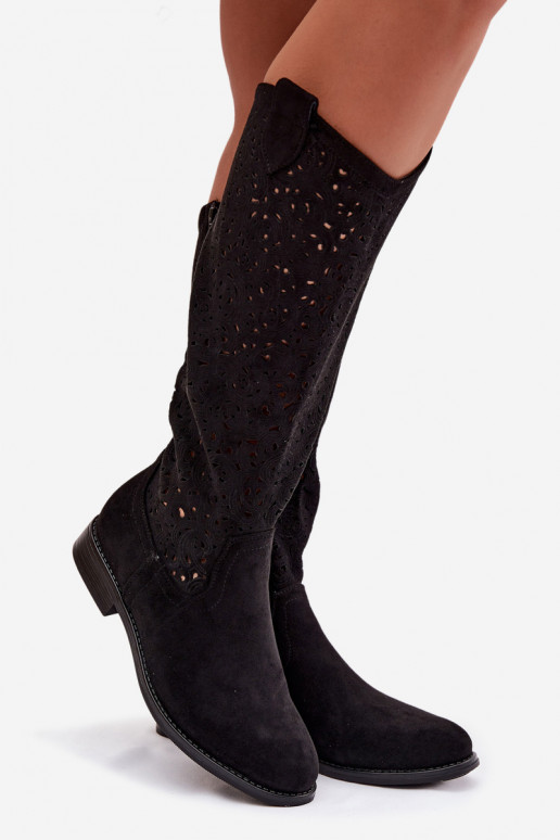 con elementi traforati stivali da donna con tacchi larghi S.Barski HY61-8023 colore nero