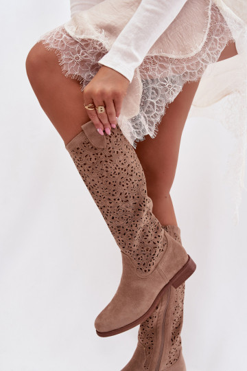 con elementi traforati stivali da donna con tacchi larghi S.Barski HY61-8023 beige 2