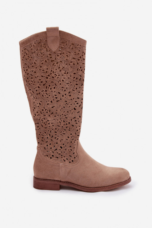 con elementi traforati stivali da donna con tacchi larghi S.Barski HY61-8023 beige