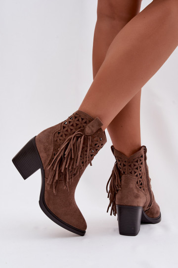 Stivaletti traforati in stile cowboy per donne con tacco e frange marroni Calissey 2