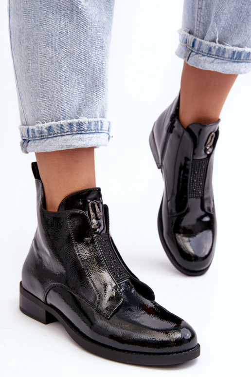 con effetto vernice Stivali da donna con tacchi larghi riscaldamento colore nero S.Barski HY75-120 colore nero