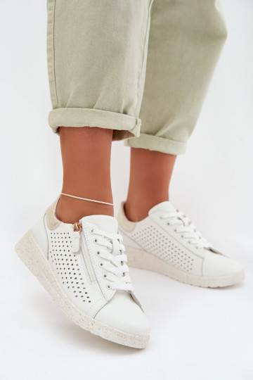 Pelle scarpe Scarpe modello sneakers Femminile con cerniere Bianco-colore dorato Kalorinne 2