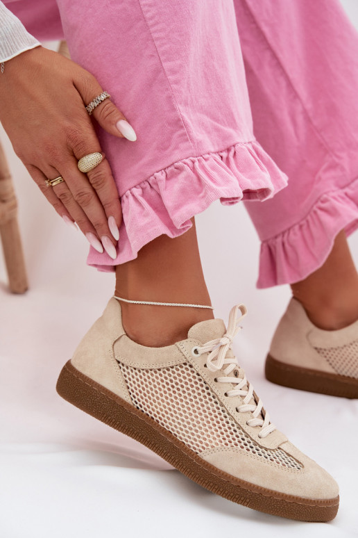 Pelle dalla pelle scamosciata Scarpe modello sneakers Femminile con rete Zazoo N1142 beige