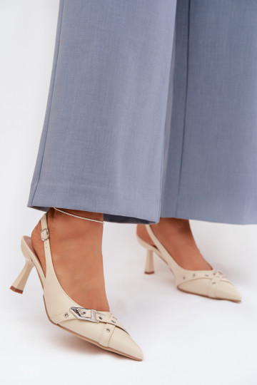 Sandali da donna con tacchi sottili con strisce I con fibbie beige Parina 2