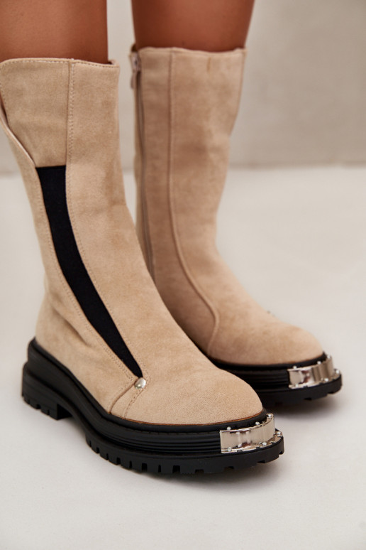 dalla pelle scamosciata riscaldamento Stivali con tacchi larghi colore avorio Palimra