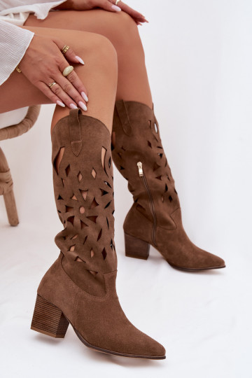 Stivali alti con elementi di pizzo in suede naturale Zazoo 3167 color sabbia