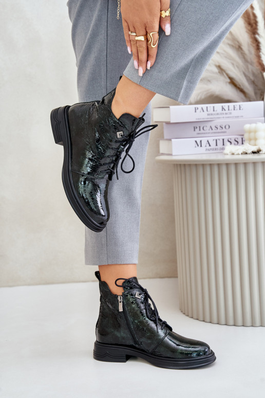 Pelle con effetto vernice Stivali da donna riscaldamento Al Castello D&A LZ42-042 colore kaki