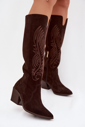 Stivali alti in camoscio stile cowboy con tacchi Zazoo 3152 color cioccolato 2