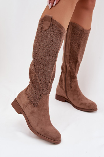 Stivali alti da donna con elementi a giorno e tacco largo S.Barski HY61-8022 color marrone 2