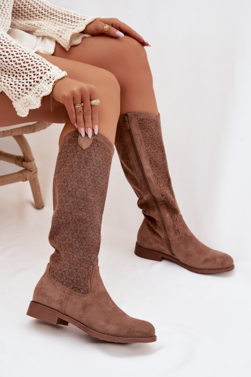 stivali da donna con elementi traforati con tacchi larghi S.Barski HY61-8022 colore marrone