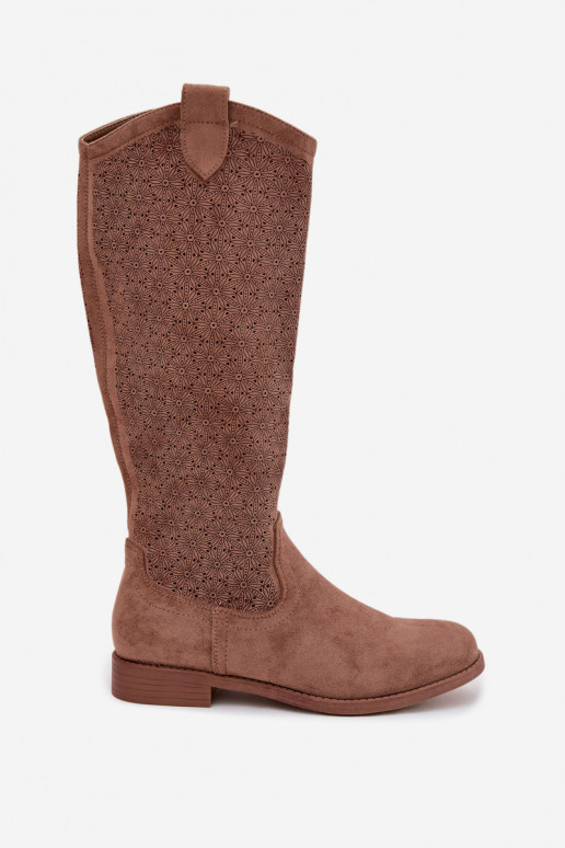 stivali da donna con elementi traforati con tacchi larghi S.Barski HY61-8022 colore marrone