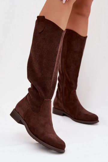 Stivali alti da donna con elementi a giorno e tacco largo S.Barski HY61-8022 color cioccolato