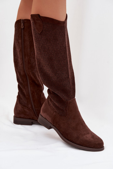 Stivali alti da donna con elementi a giorno e tacco largo S.Barski HY61-8022 color cioccolato 2