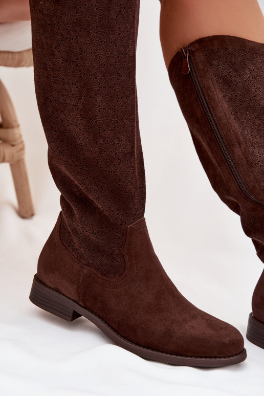 stivali da donna con elementi traforati con tacchi larghi S.Barski HY61-8022 CzekoladoAe