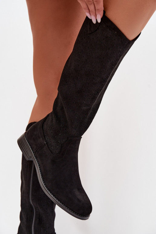 stivali da donna con elementi traforati con tacchi larghi S.Barski HY61-8022 colore nero