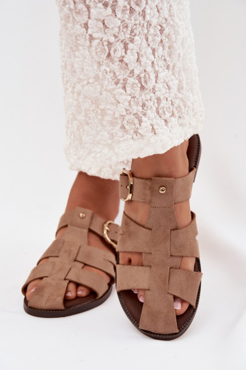 Pantofole da donna con tacchi larghi con strisce I Złotą con fibbie beige Elzora