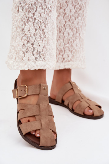 Pantofole da donna color sabbia con tacco largo e strisce dorate con fibbie Elzora 2