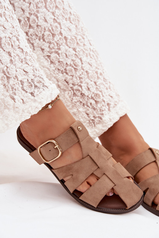 Pantofole da donna con tacchi larghi con strisce I Złotą con fibbie beige Elzora