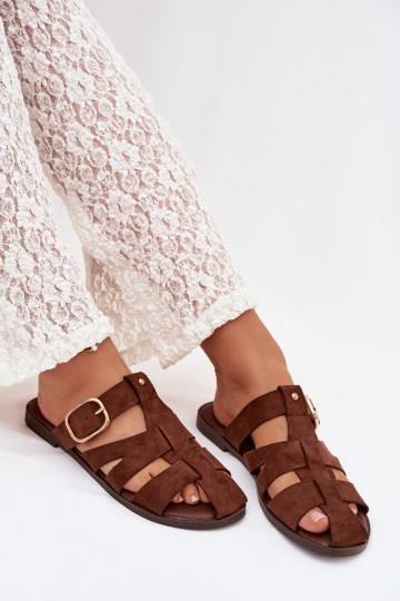 Pantofole da donna marroni con tacco largo e strisce dorate con fibbie Elzora