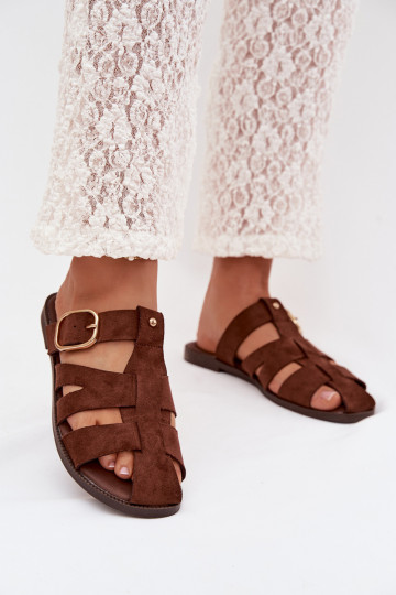 Pantofole da donna marroni con tacco largo e strisce dorate con fibbie Elzora 2