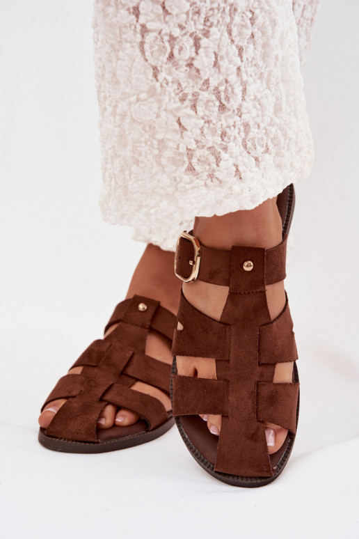 Pantofole da donna con tacchi larghi con strisce I Złotą con fibbie colore marrone Elzora