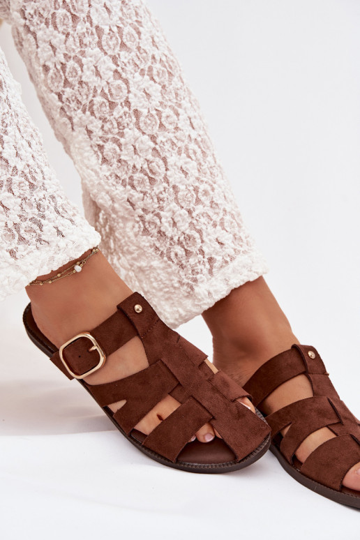 Pantofole da donna con tacchi larghi con strisce I Złotą con fibbie colore marrone Elzora