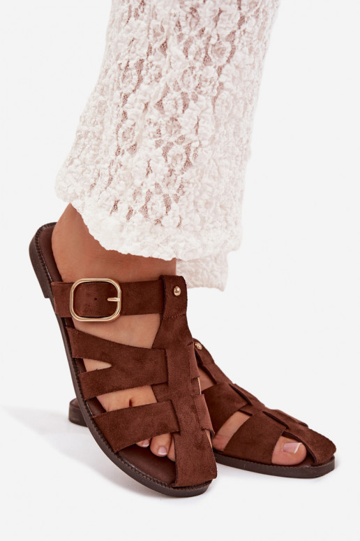 Pantofole da donna con tacchi larghi con strisce I Złotą con fibbie colore marrone Elzora