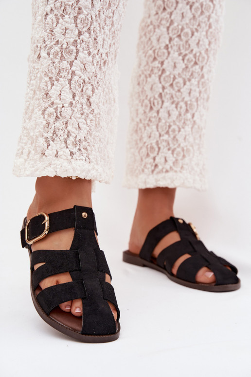 Pantofole da donna con tacchi larghi con strisce I Złotą con fibbie colore nero Elzora