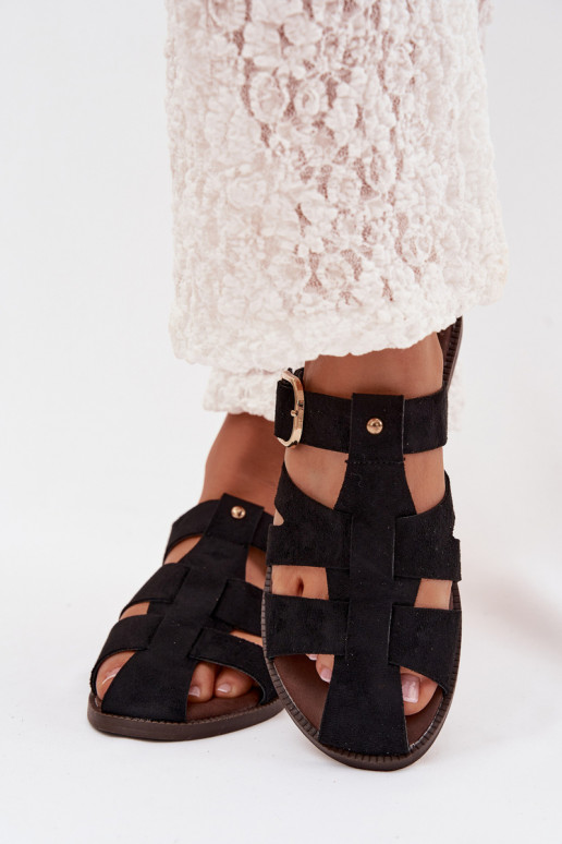 Pantofole da donna con tacchi larghi con strisce I Złotą con fibbie colore nero Elzora