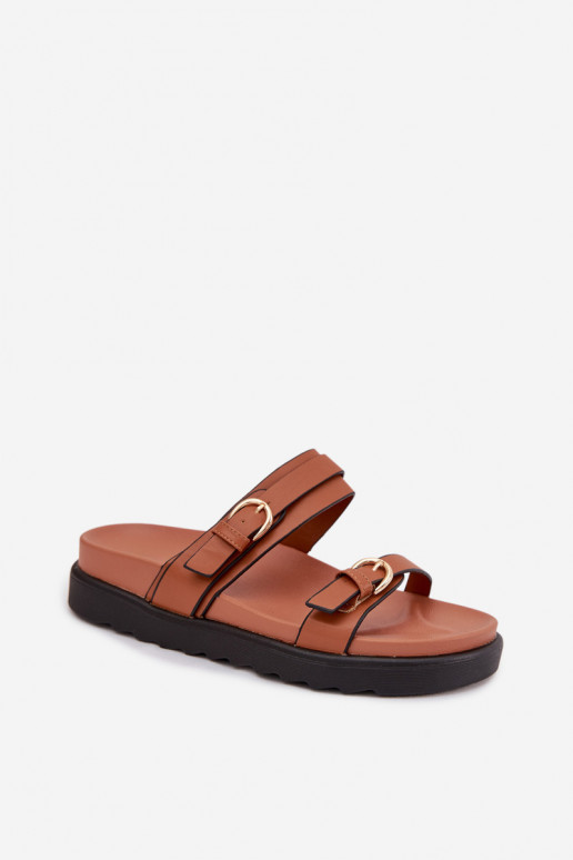 Pantofole da donna con una piattaforma con strisce I colore doratomi con fibbiemi colore marrone Rirea