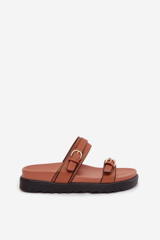 Pantofole da donna con una piattaforma con strisce I colore doratomi con fibbiemi colore marrone Rirea