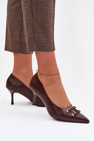 Scarpe con tacco alto e ornamenti in pelle artificiale marrone Fivara 2
