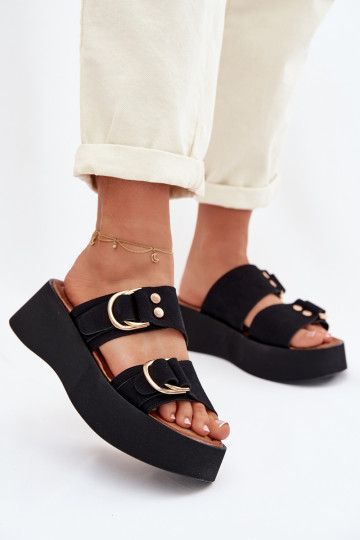 Pantofole da donna con piattaforma e fibbie dorate nere Nelirae 2
