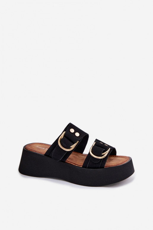 Pantofole da donna con una piattaforma Ze colore doratomi con fibbiemi colore nero Nelirae