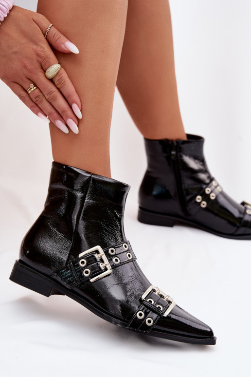 con effetto vernice Stivali da donna con tacchi larghi con strisce I con fibbiemi colore nero Hamira