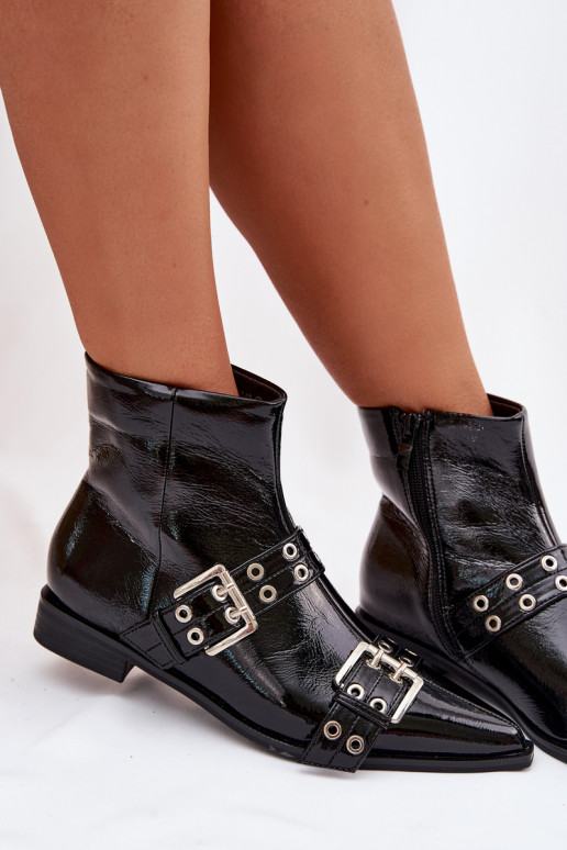 con effetto vernice Stivali da donna con tacchi larghi con strisce I con fibbiemi colore nero Hamira