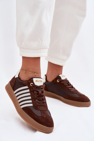 Scarpe sneakers da donna in pelle naturale e camoscio Big Star TT274715 color cioccolato 2