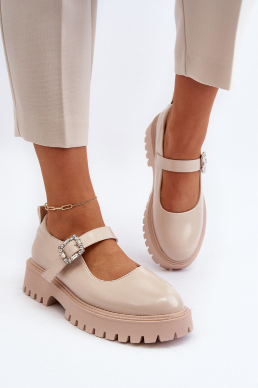 Scarpe da donna in vernice decorare con fibbie beige Lindnessa