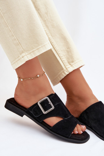 Pantofole da donna in pelle scamosciata con tacchi larghi con fibbie Big Star TT274477 colore nero